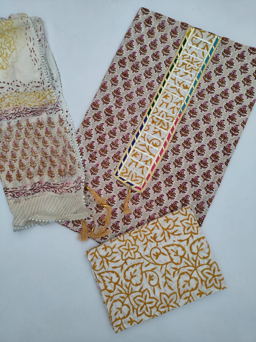 Jaipuri Cotton Hand Block Printed Gota Patti Suit with Chiffon Dupatta- JBGP90