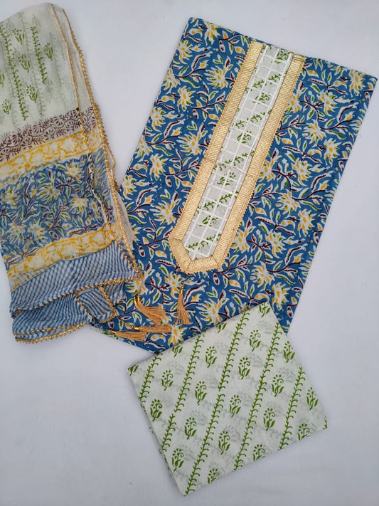 Jaipuri Cotton Hand Block Printed Gota Patti Suit with Chiffon Dupatta- JBGP93