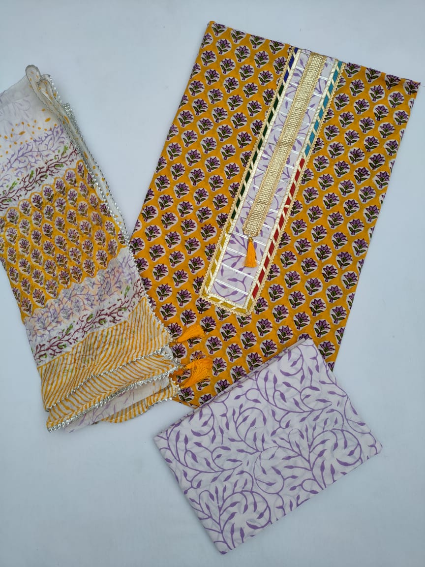 Cotton Hand Block Printed Gota Patti Salwar Suit Set With Chiffon Dupatta- JBGP97