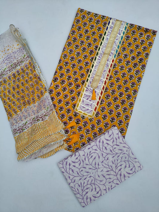 Cotton Hand Block Printed Gota Patti Salwar Suit Set With Chiffon Dupatta- JBGP97
