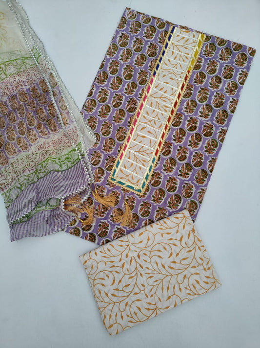 Hand Block Printed Gota Patti Suit With Chiffon Dupatta- JBGP99