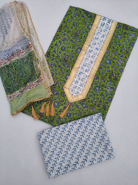 Jaipuri Cotton Hand Block Printed Gota Patti Suit with Chiffon Dupatta- JBGP100