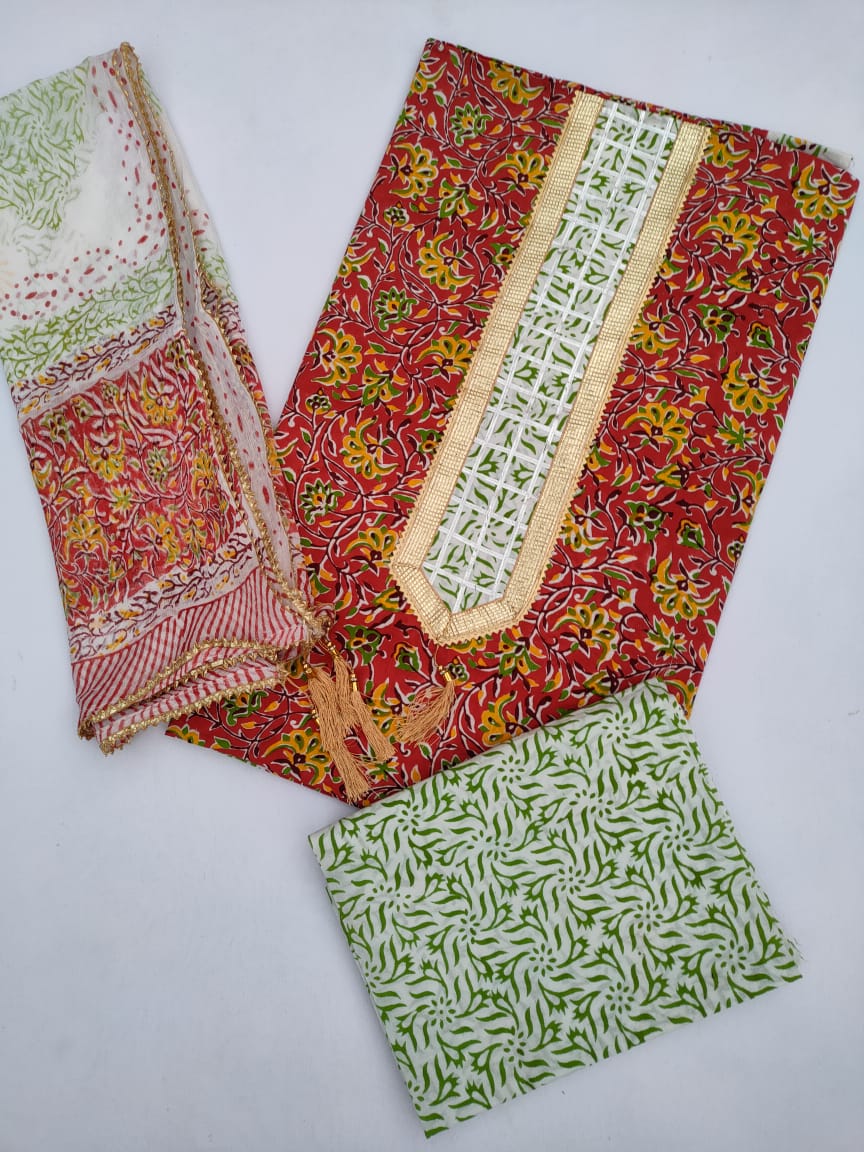 Jaipuri Cotton Hand Block Printed Gota Patti Suit with Chiffon Dupatta- JBGP103