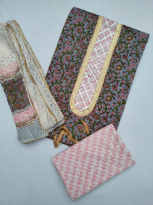 Hand Block Printed Gota Patti Suit With Chiffon Dupatta- JBGP104