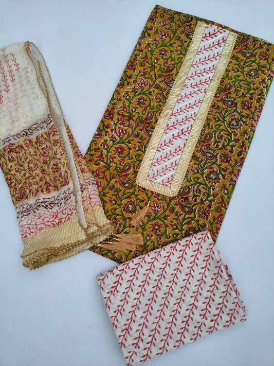 Cotton Gota Patti Hand Block Printed Salwar Suit Set With Chiffon Dupatta- JBGP106