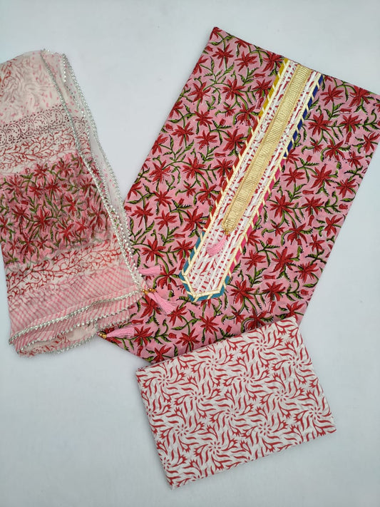 Cotton Hand Block Printed Gota Patti Salwar Suit Set With Chiffon Dupatta- JBGP107