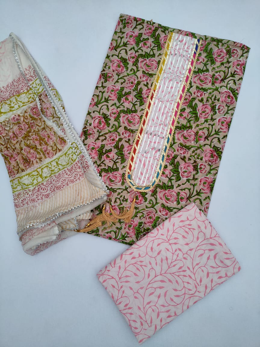 Cotton Hand Block Printed Gota Patti Salwar Suit Set With Chiffon Dupatta- JBGP108
