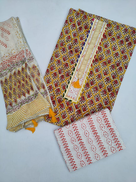 Jaipuri Cotton Hand Block Printed Gota Patti Suit with Chiffon Dupatta- JBGP85