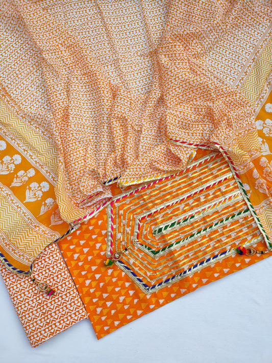 Hand Block Printed Gota Patti Suit With Cotton Dupatta- JBGP186