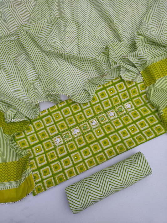 Cotton Gota Patti Hand Block Printed Salwar Suit Set With Cotton Dupatta- JBGP208
