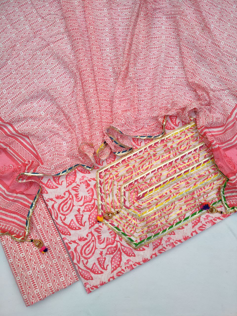 Jaipuri Cotton Hand Block Printed Gota Patti Suit with Cotton Dupatta- JBGP219
