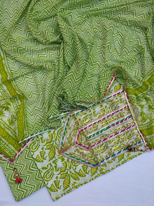 Hand Block Printed Gota Patti Suit With Cotton Dupatta- JBGP222