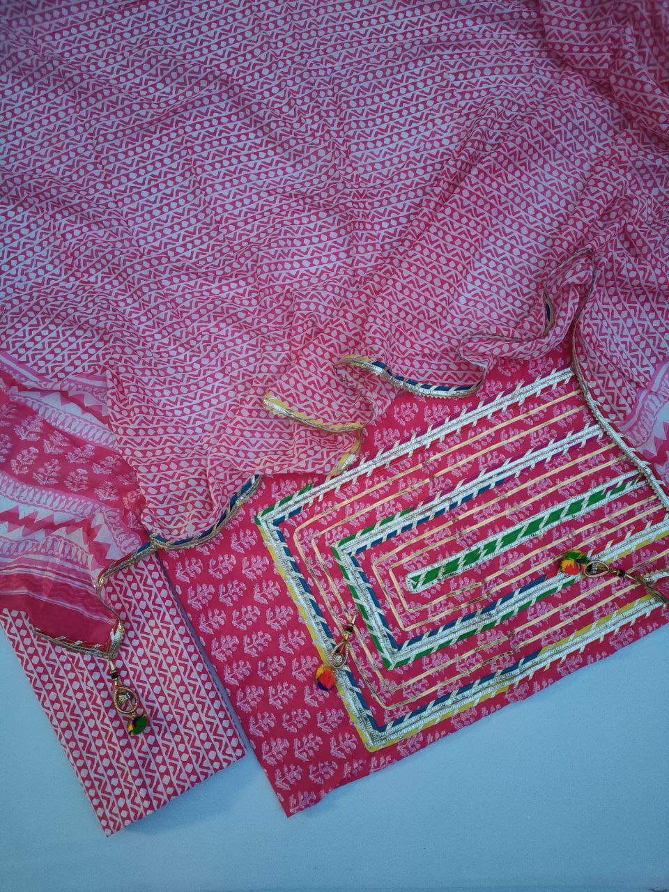 Hand Block Printed Gota Patti Suit With Cotton Dupatta- JBGP226