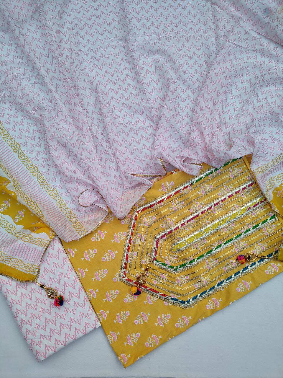 Cotton Gota Patti Hand Block Printed Salwar Suit Set With Cotton Dupatta- JBGP228