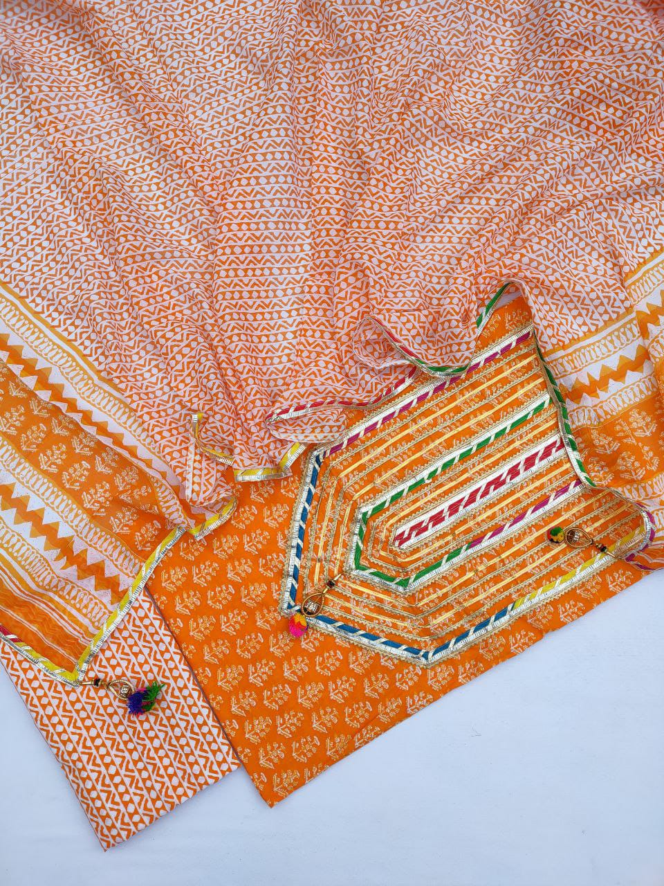Jaipuri Cotton Hand Block Printed Gota work Suit with Cotton Dupatta - JBGP235