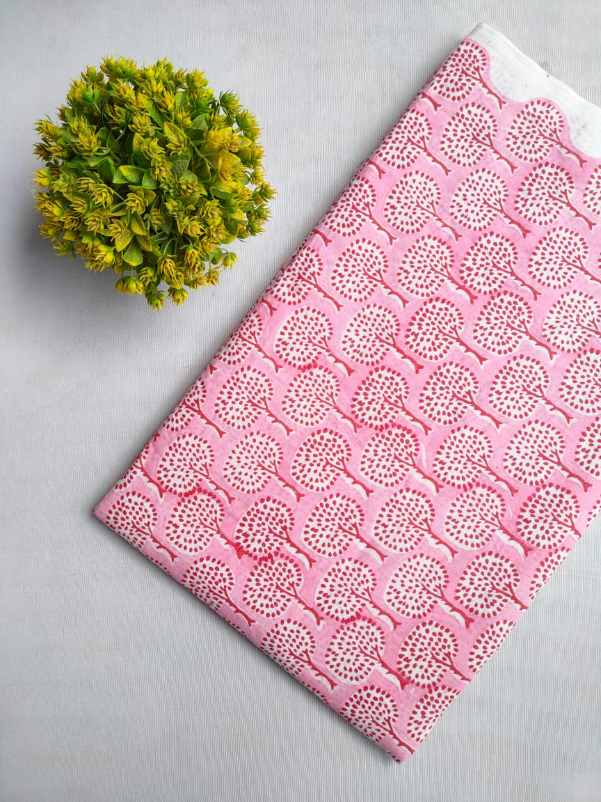 Pink Tree Motif Sanganeri Block Print Pure Cotton Fabric From Jaipur Bazar Tulsi Prints