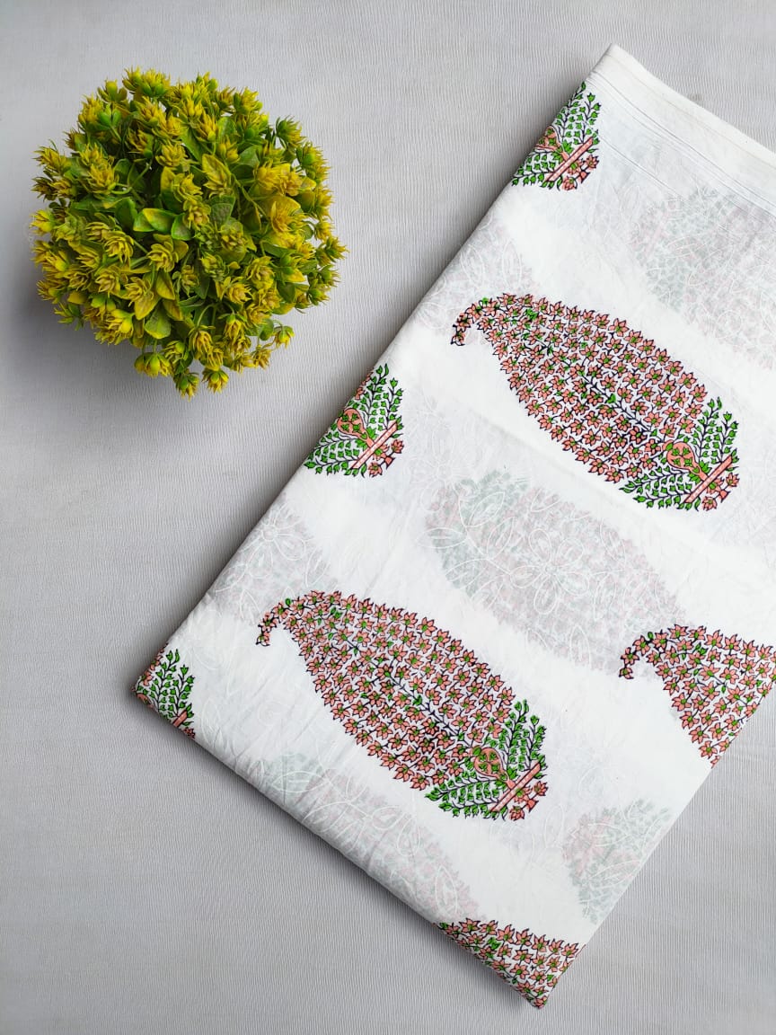 White Floral Sanganeri Block Print Pure Cotton Fabric From Jaipur Bazar Tulsi Prints