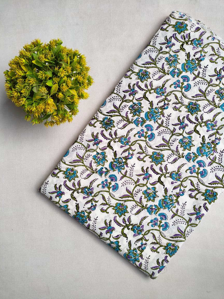 White Floral Sanganeri Hand Block Print Cotton Fabric From Jaipur Bazar Tulsi Prints