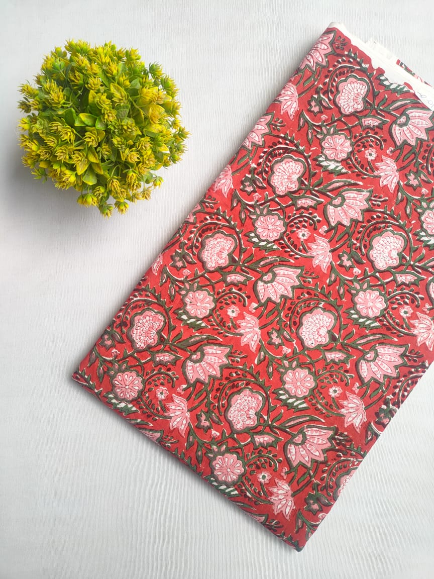 Red Floral Sanganeri Hand Block Print Cotton Fabric From Jaipur Bazar Tulsi Prints