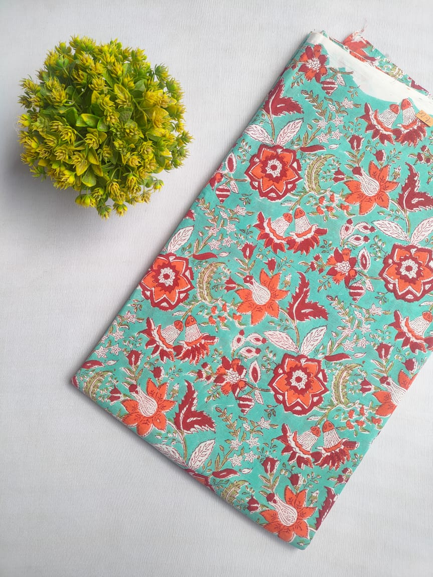 Turquoise Floral Sanganeri Hand Block Print Cotton Fabric From Jaipur Bazar Tulsi Prints