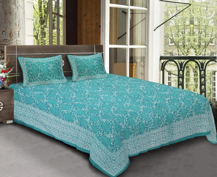 King Size Standard Turquoise Colour Cotton Rajasthani Bedsheet With Pillow Covers For Double Bed
