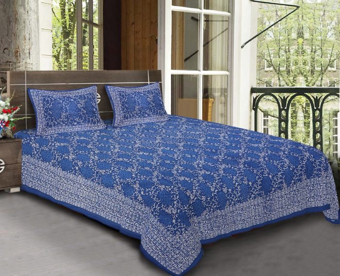 Blue King Size Standard Rajasthani Bedsheet With 2 Pillow Covers For Double Bed