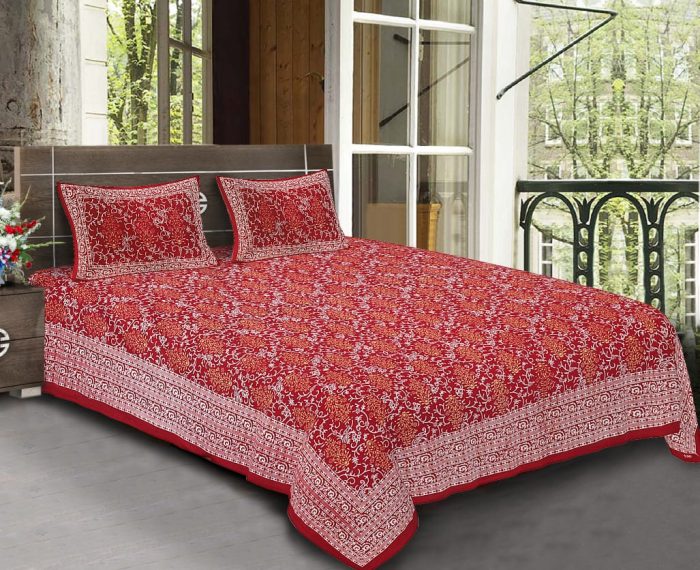 Red Cotton King Size Standard Bedsheet With Pillow Covers For Double Bed