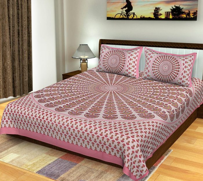 Cotton King Size Standard Round Pattern Rajasthani Bedsheet With Pillow Covers For Double Bed