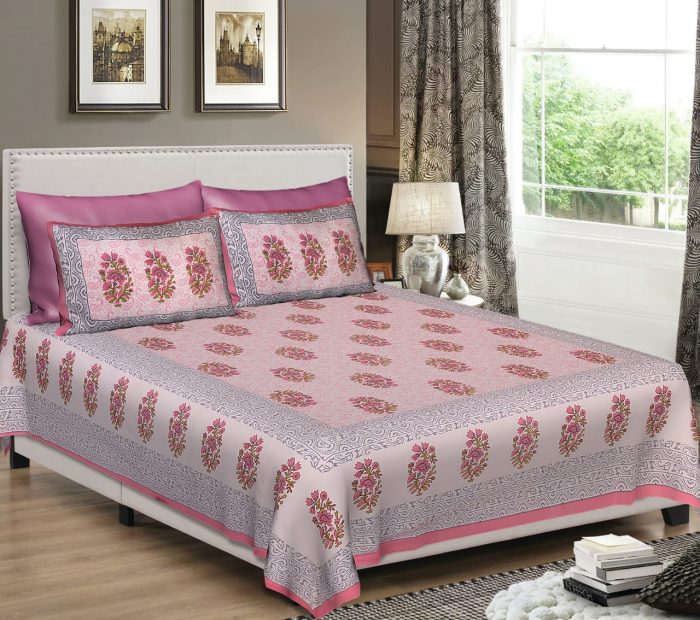 King Size Standard Cotton Floral Pattern Bedsheet With Pillow Covers For Double Bed
