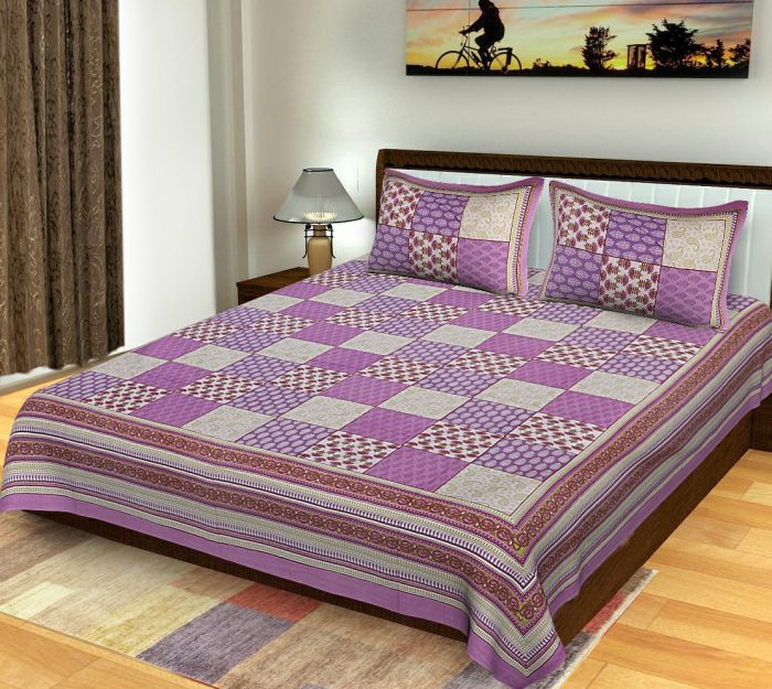 Violet Cotton King Size Standard Multi Pattern Jaipuri Bedsheet With Pillow Covers For Double Bed