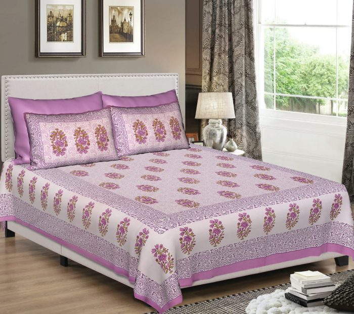 Pink Cotton King Size Standard Sanganeri Bedsheet With Pillow Covers For Double Bed