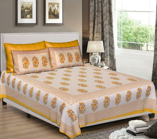 Yellow King Size Standard Cotton Floral Pattern Bed Sheet With Pillow Covers For Double Bed