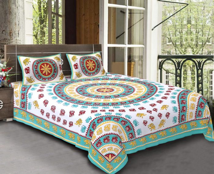 Turquoise King Size Standard Cotton Elephant Print Sanganeri Bed Sheet With Pillow Covers