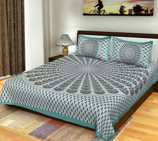 Turquoise Cotton King Size Standard Round Pattern Bed Sheet With Pillow Covers