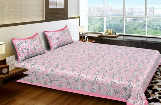 Pink Cotton King Size Standard Ditsy Pattern Sanganeri Bed Sheet With Pillow Covers