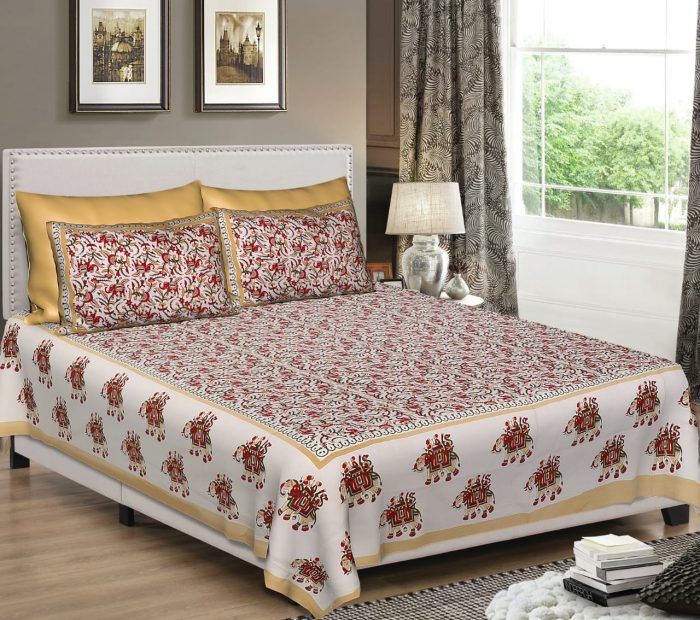 Cream King Size Standard Cotton Elephant Print Rajasthani Bed Sheet With Pillow Covers