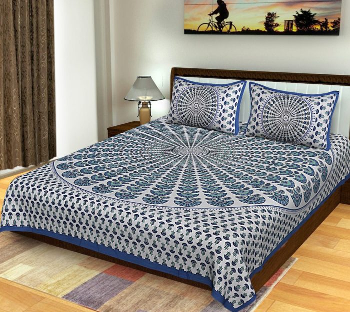 Blue King Size Standard Round Pattern Bed Sheet With Pillow Covers For Double Bed