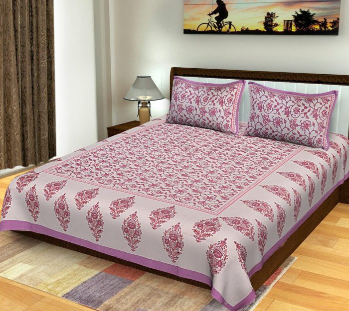Pink King Size Standard Floral Pattern Jaipuri Bed Sheet With Pillow Covers For Double Bed