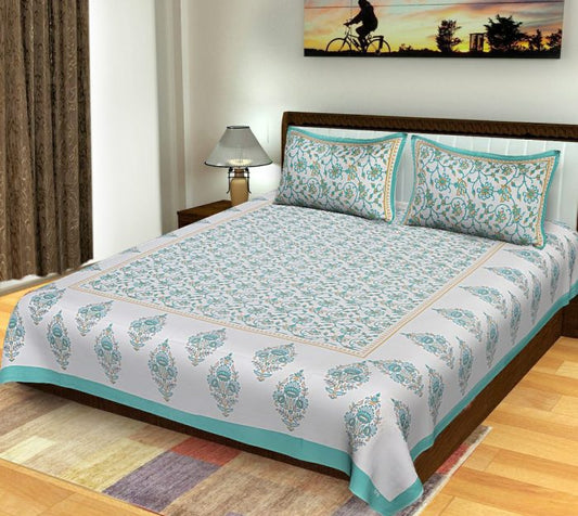 Turquoise King Size Standard Floral Pattern Bed Sheet With Pillow Covers For Double Bed