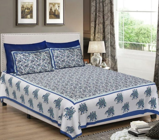 Blue Cotton King Size Standard Elephant Print Jaipuri Bed Sheet With Pillow Cover For Double Bed
