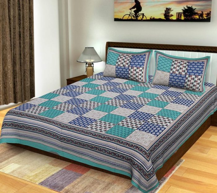 Turquoise Cotton King Size Standard Multi Pattern Rajasthani Bed Sheet With Pillow Covers
