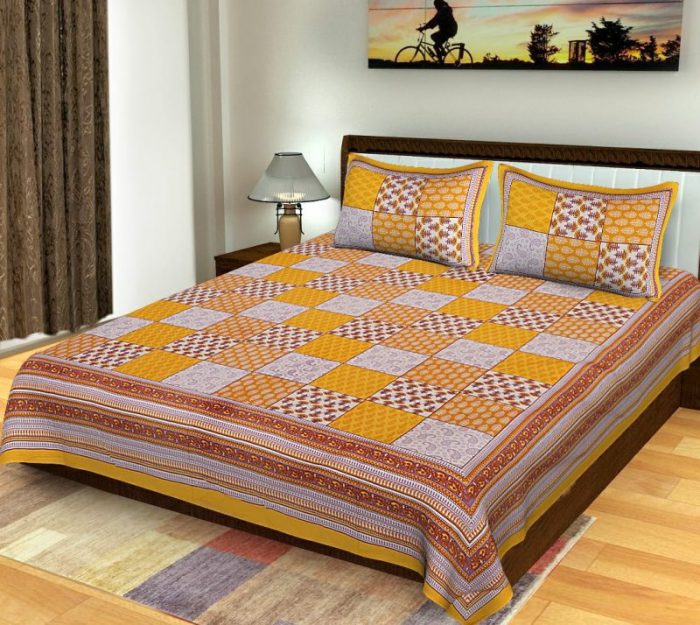Orange Cotton King Size Standard Multi Pattern Sanganeri Bed Sheet With Pillow Covers
