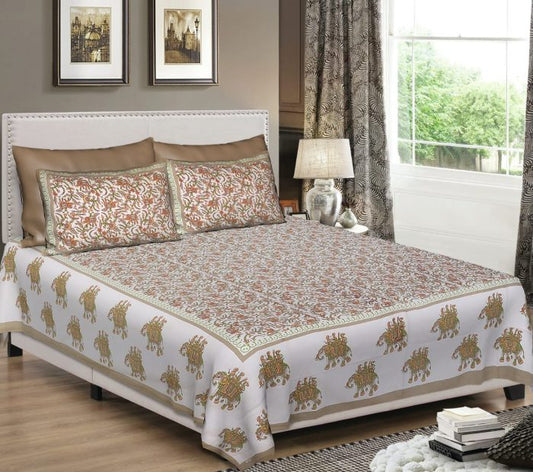 King Size Standard Elephant Print Cotton Jaipuri Bedsheet With Pillow Covers