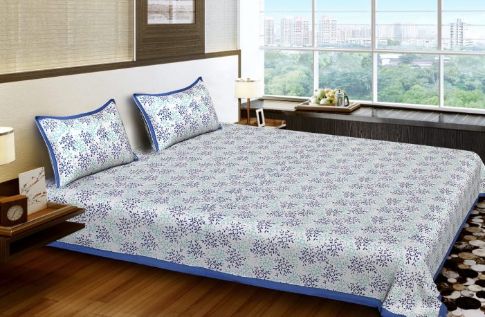 King Size Standard Ditsy Pattern Cotton Sanganeri Bedsheet With Pillow Covers For Double Bed