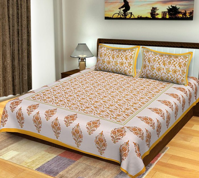Sanganeri Print Boota Pattern King Size Standard Bedsheet Cotton With Pillow Covers For Double Bed