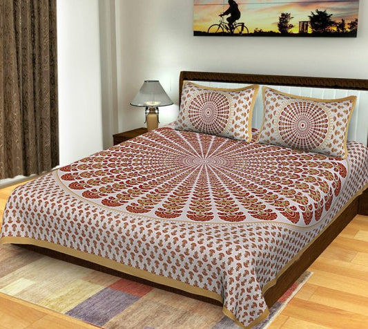 Cotton King Size Standard Round Pattern Sanganeri Bedsheet With Pillow Covers For Double Bed