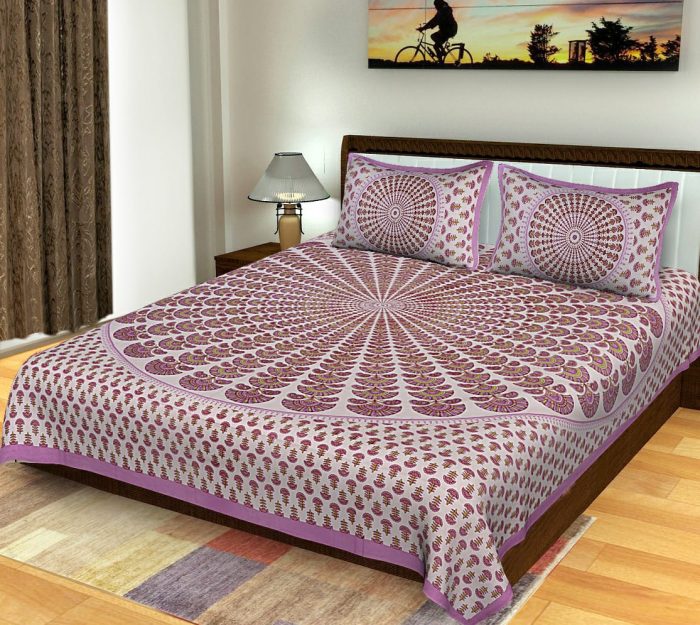 King Size Standard Cotton Round Pattern Sanganeri Bedsheet With Pillow Covers