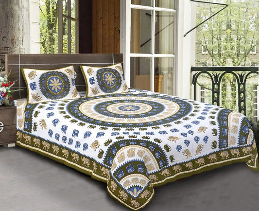 Cotton King Size Standard Elephant Print in Geometric Pattern Bedsheet With Pillow Covers For Double Bed