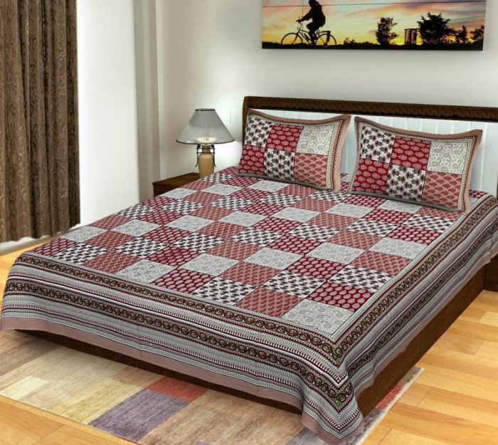 King Size Standard Booty Print in Geometric Pattern Cotton Double Bedsheet With Pillow Covers For Double Bed