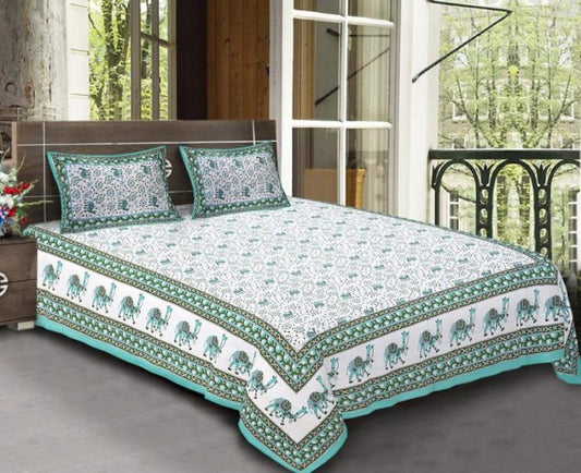 Cotton King Size Standard Camel Print Jaipuri Bedsheet With Pillow Covers For Double Bed